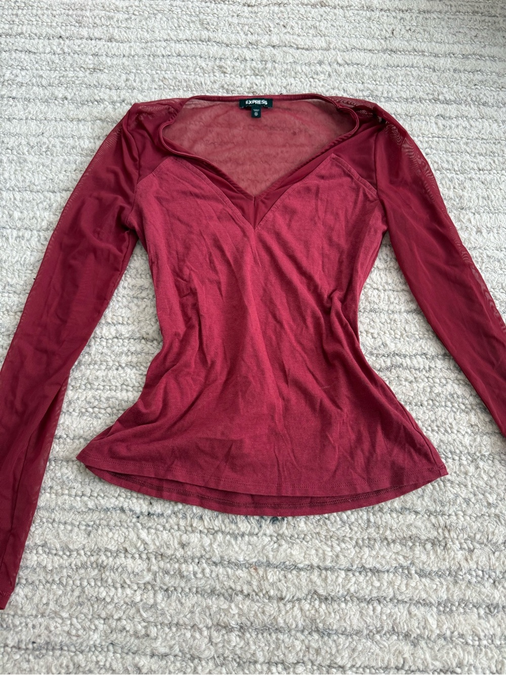 Express Women's Long Sleeve V-Neck Top in Wine with sheer sleeves